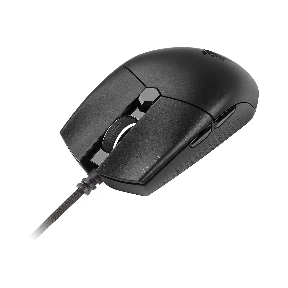Schwarze Gaming-Maus mit Kabel, Detailansicht. Text: // KTX T.
