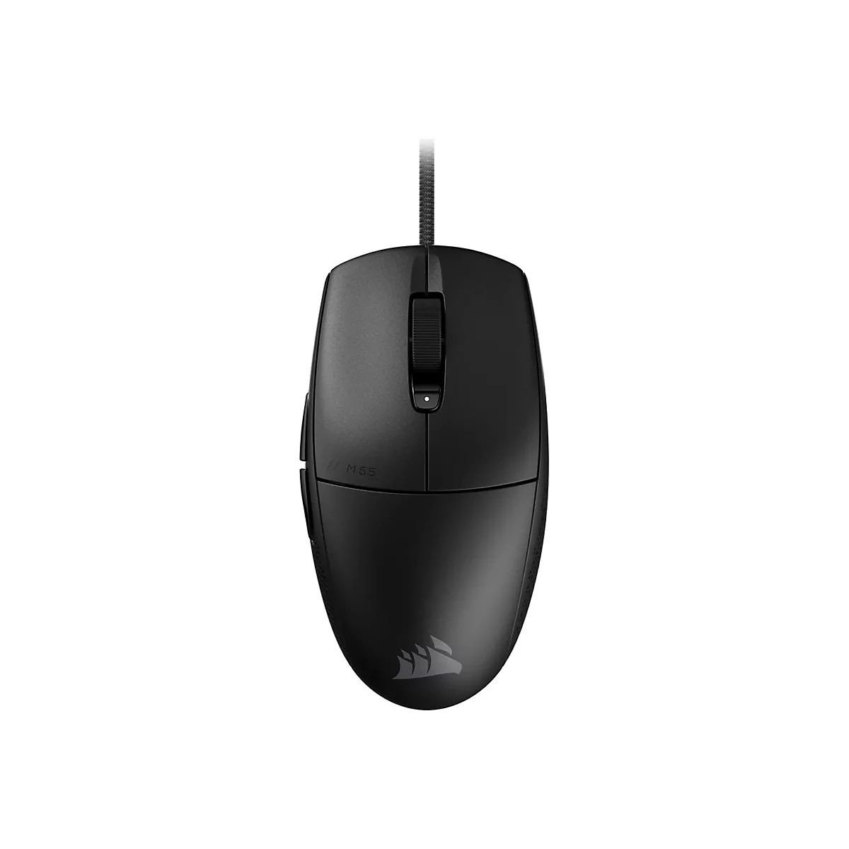Schwarze, kabelgebundene Corsair M55 Gaming-Maus in der Draufsicht vor weißem Hintergrund.