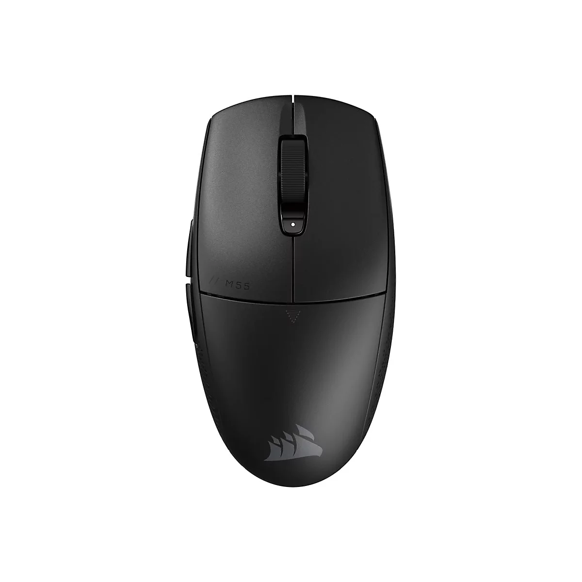 Schwarze kabellose Gaming-Maus mit Corsair-Logo und M55-Schriftzug in der Draufsicht auf weißem Hintergrund.
