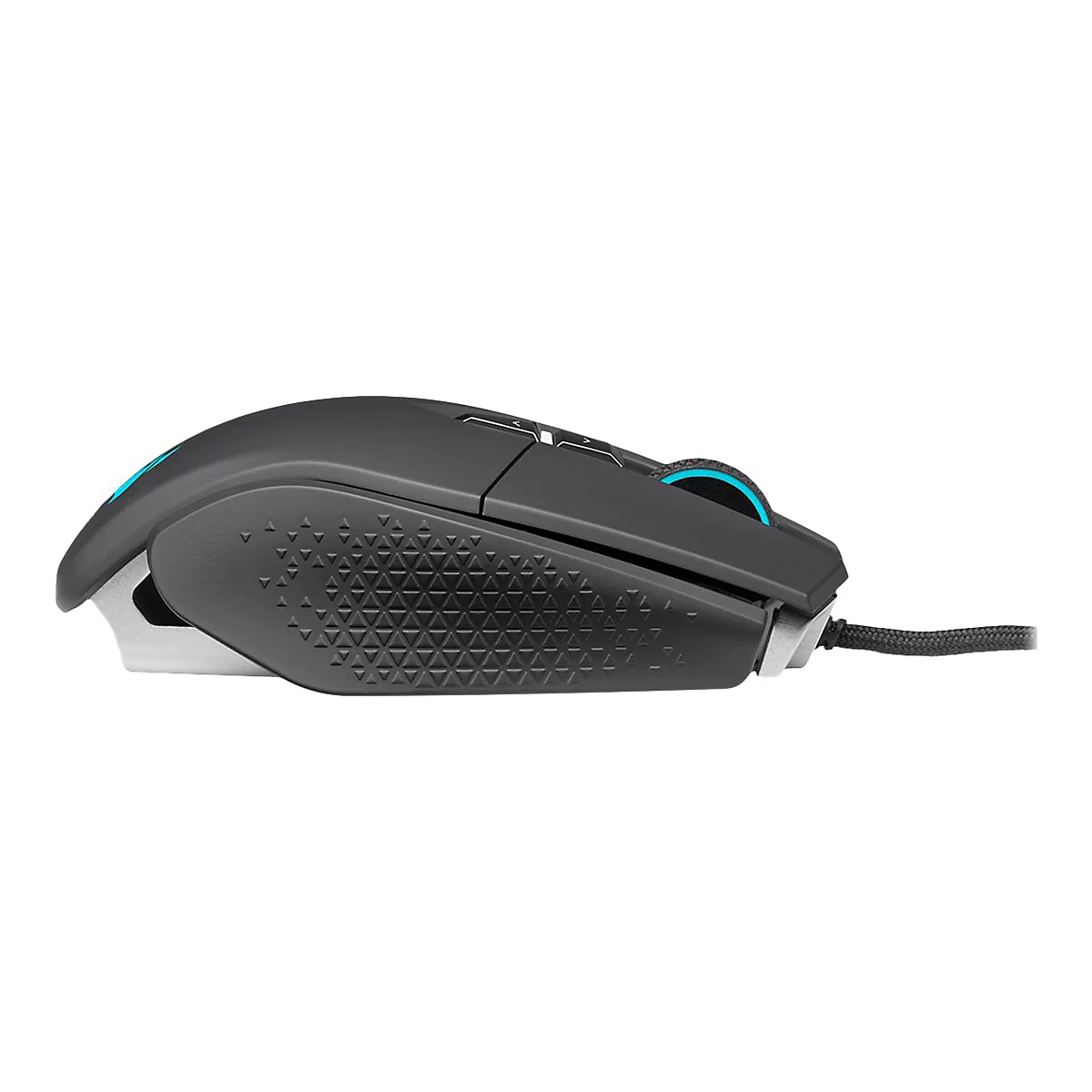 Schwarze Gaming-Maus in Seitenansicht mit texturierter Grifffläche und blau beleuchtetem Mausrad.