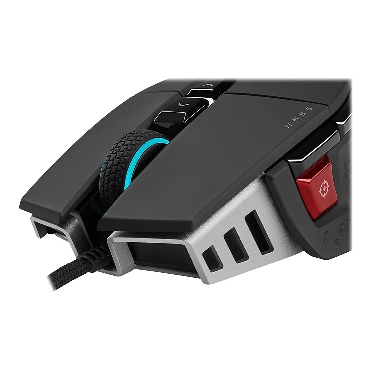 Nahaufnahme einer schwarzen Gaming-Maus mit blau beleuchtetem Mausrad und einer roten Taste an der Seite.
