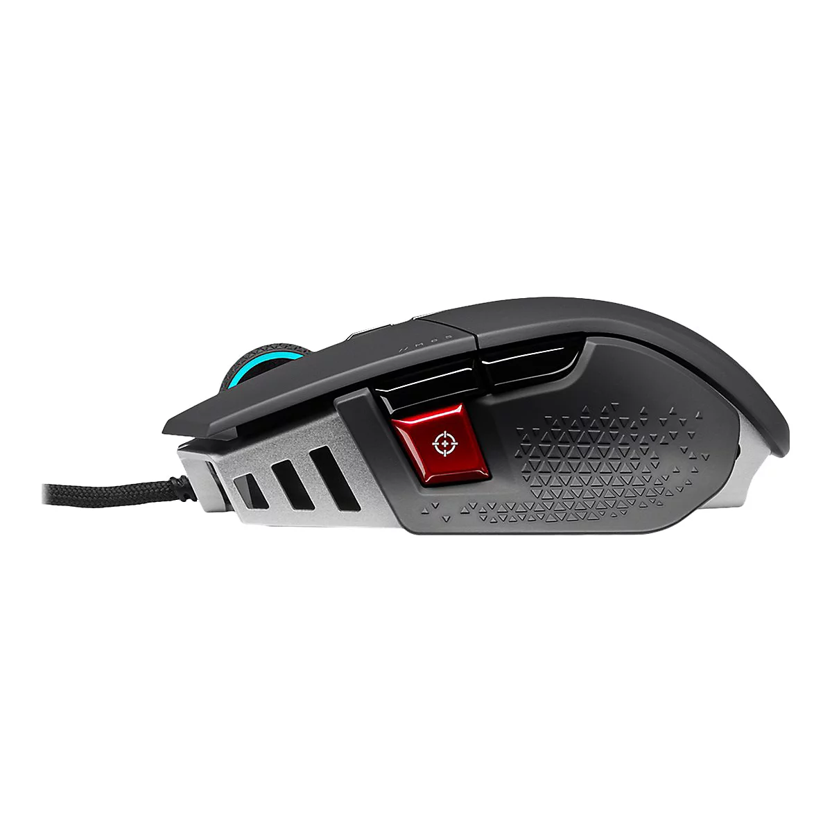 Schwarze Gaming-Maus in Seitenansicht mit roter Sniper-Taste und blau beleuchtetem Mausrad.