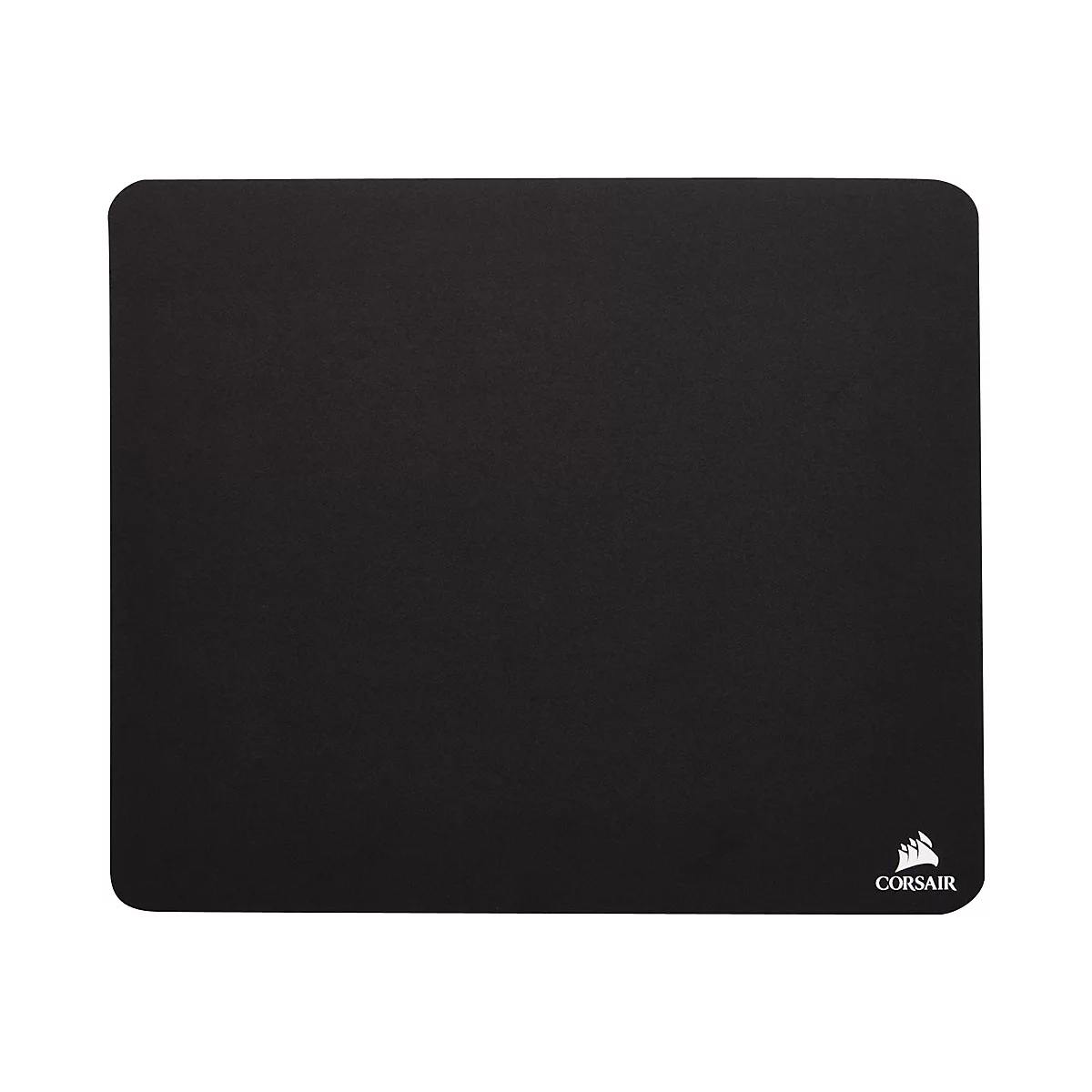 Schwarzes rechteckiges Mauspad mit abgerundeten Ecken. Unten rechts befindet sich das Corsair-Logo.