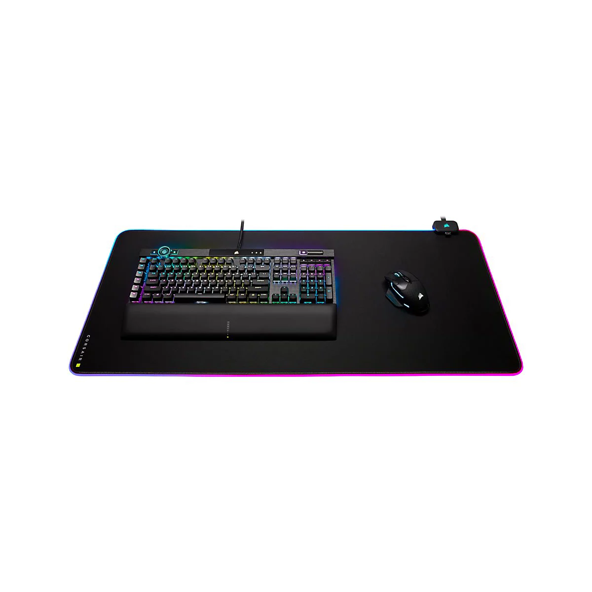 Schwarzes Gaming-Mauspad mit Tastatur und Maus, RGB-Beleuchtung.