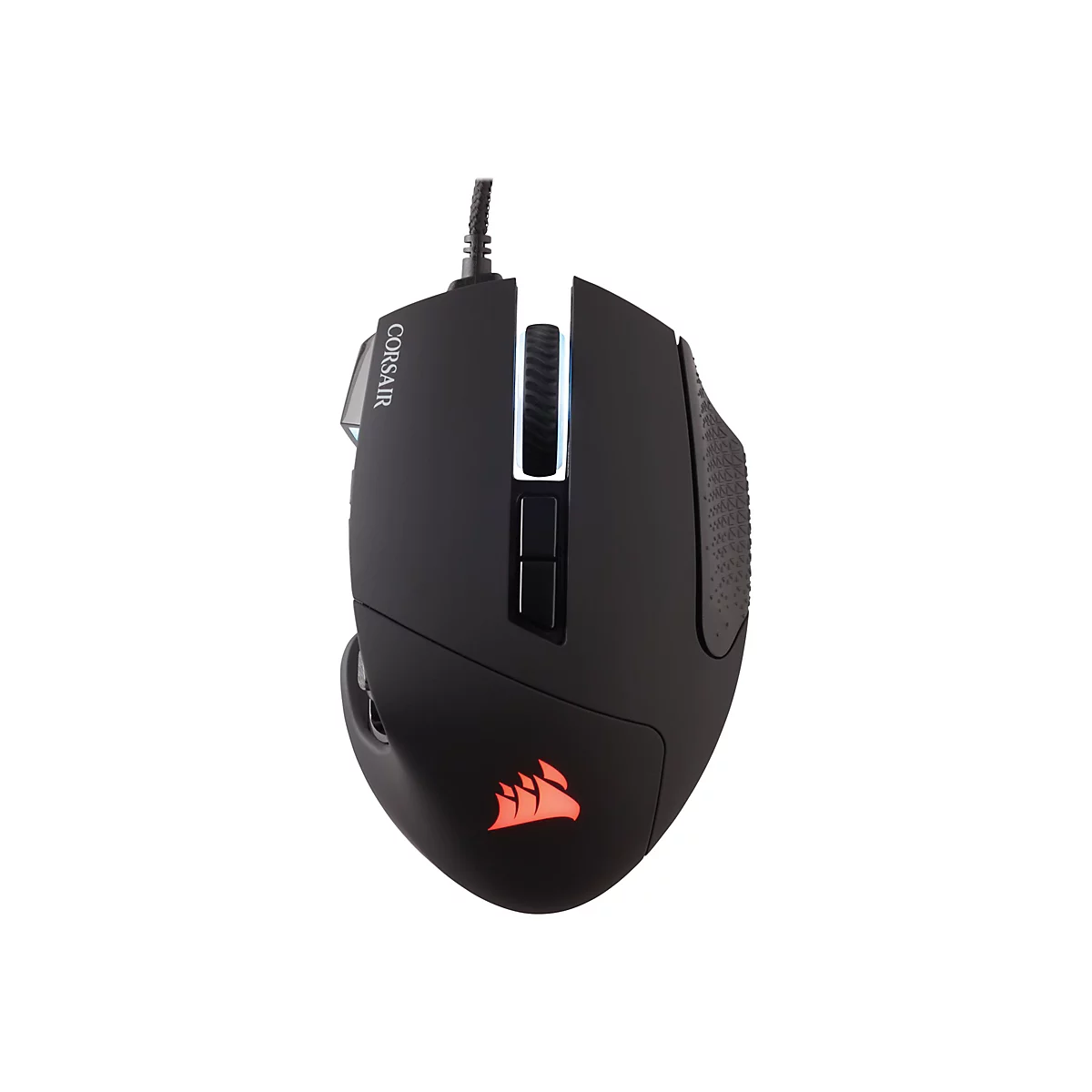 Schwarze Corsair Gaming-Maus. Oben ein beleuchtetes Rad und das Corsair-Logo.