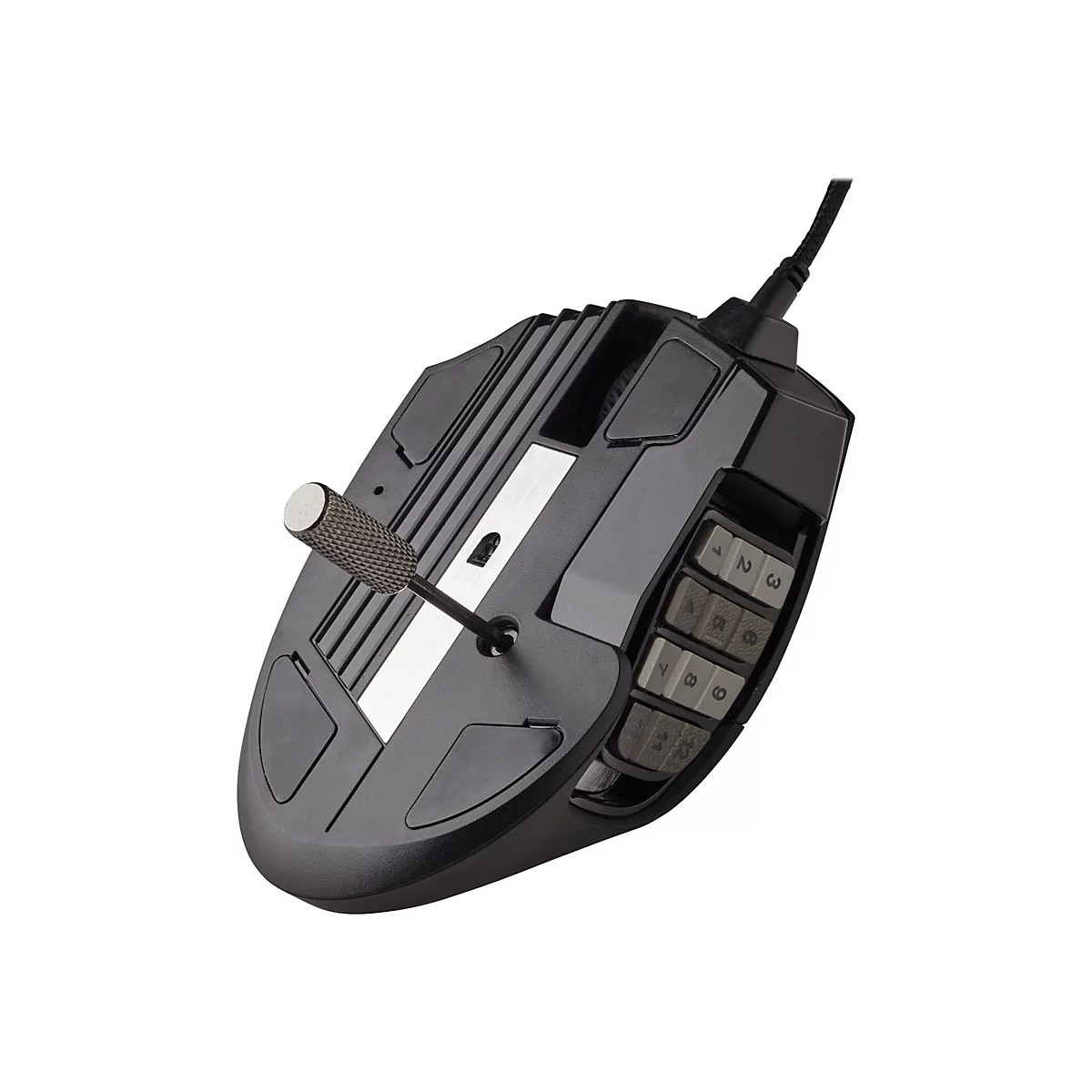 Schwarze Gaming-Maus auf weißem Hintergrund, mit vielen Tasten und einem Drehregler.