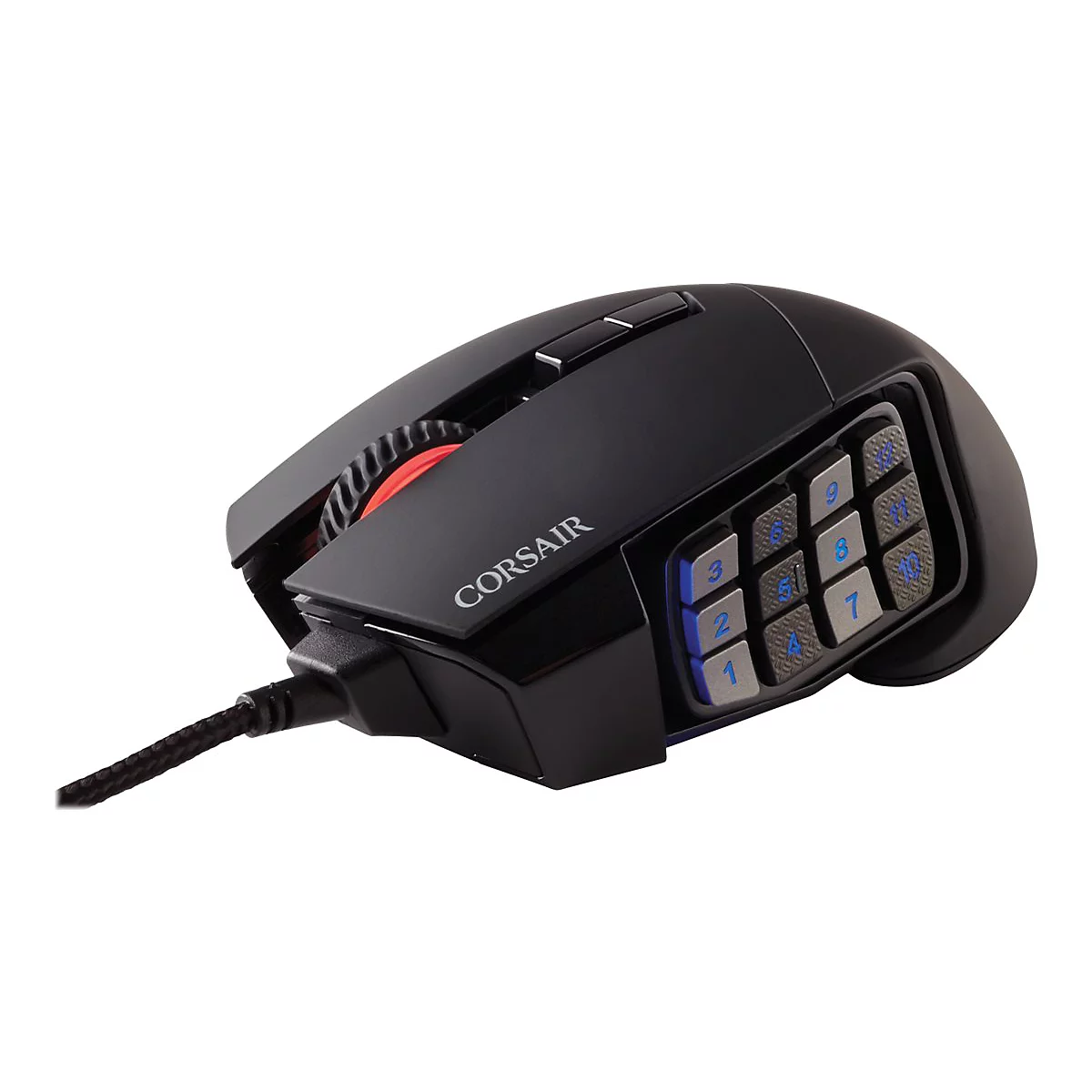 Schwarze Gaming-Maus mit Zifferntasten, Corsair-Logo. Rotes Mausrad. Geflochtenes Kabel.
