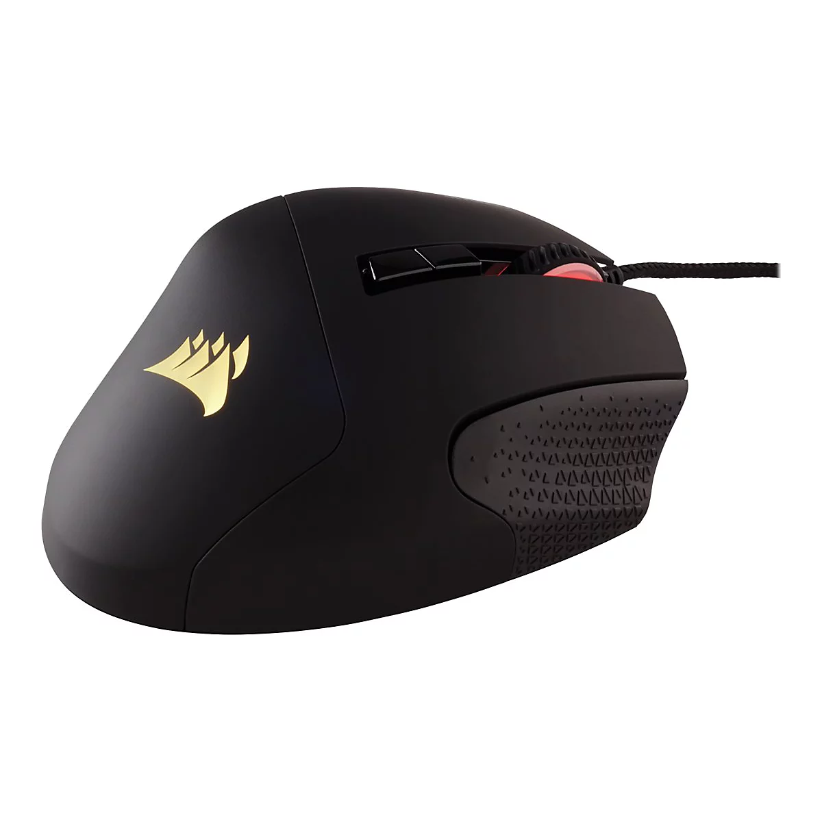 Schwarze Gaming-Maus mit Corsair-Logo und strukturierten Seitengriffen, auf weißem Hintergrund.