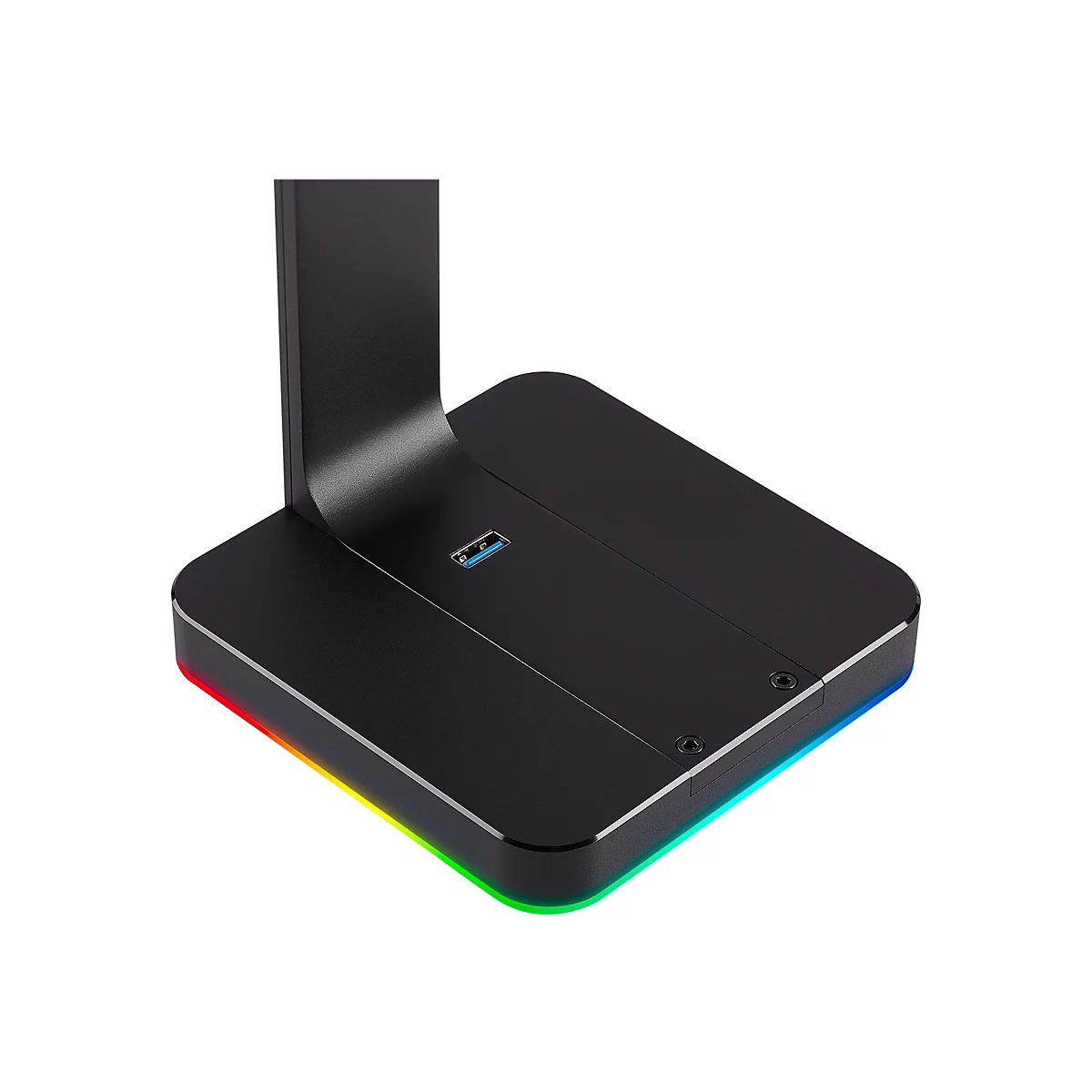 Ein schwarzer USB-Hub mit RGB-Beleuchtung am Rand. Oben ist ein USB-Anschluss sichtbar.