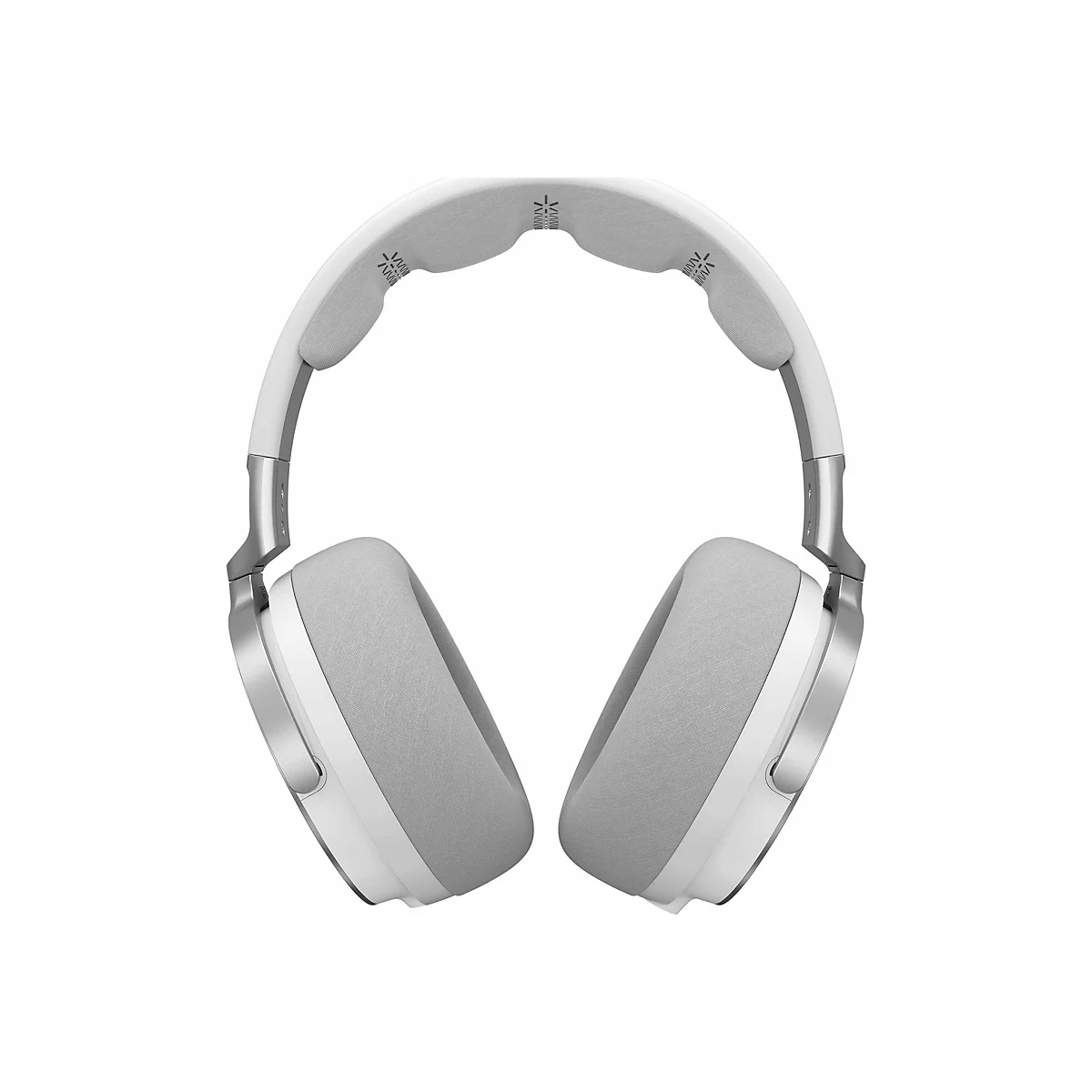 Weiße, moderne Over-Ear-Kopfhörer mit silbernen Akzenten vor einem weißen Hintergrund.