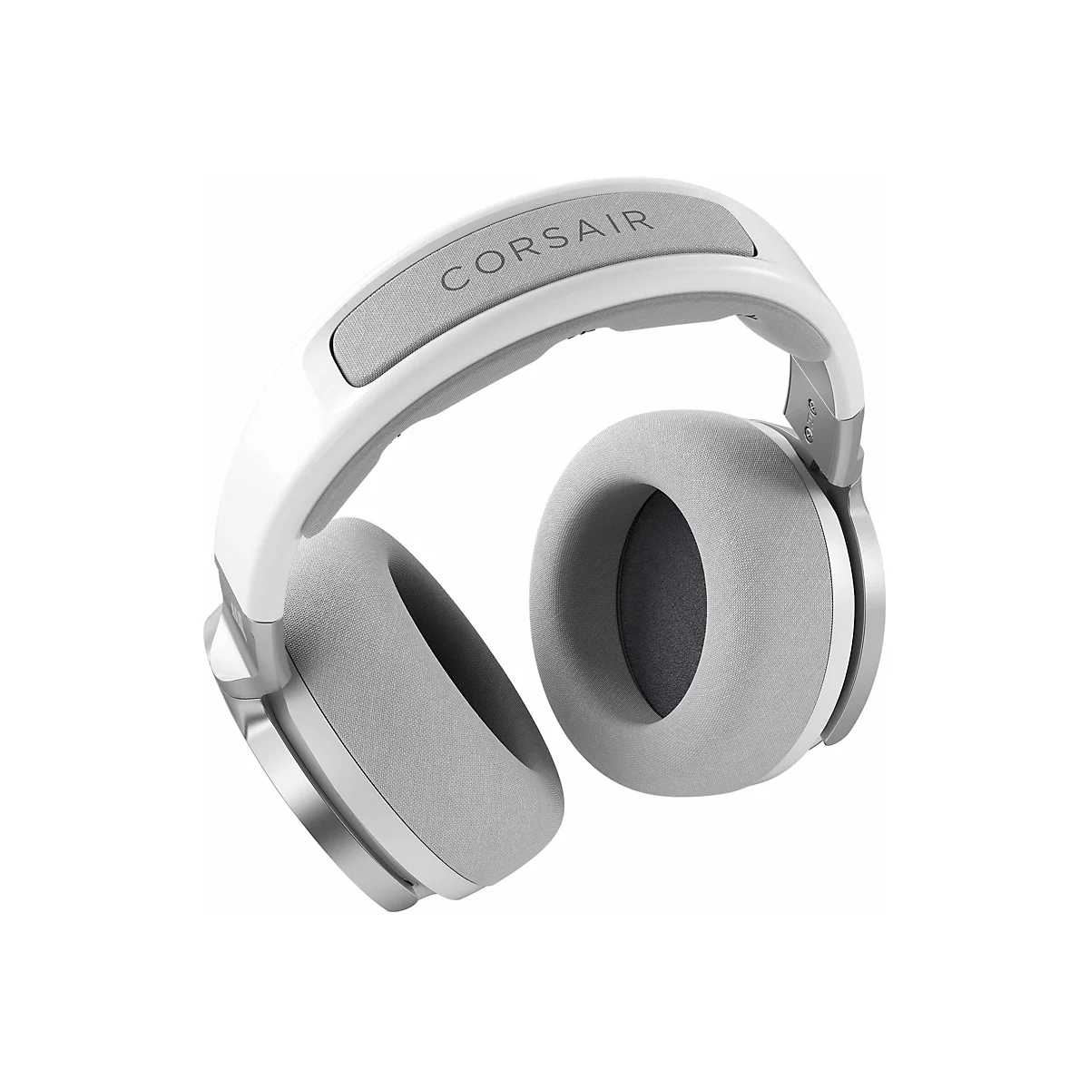 Hellgraues Gaming-Headset mit weißem Bügel. Die Ohrmuscheln und der Bügel sind mit Corsair beschriftet.