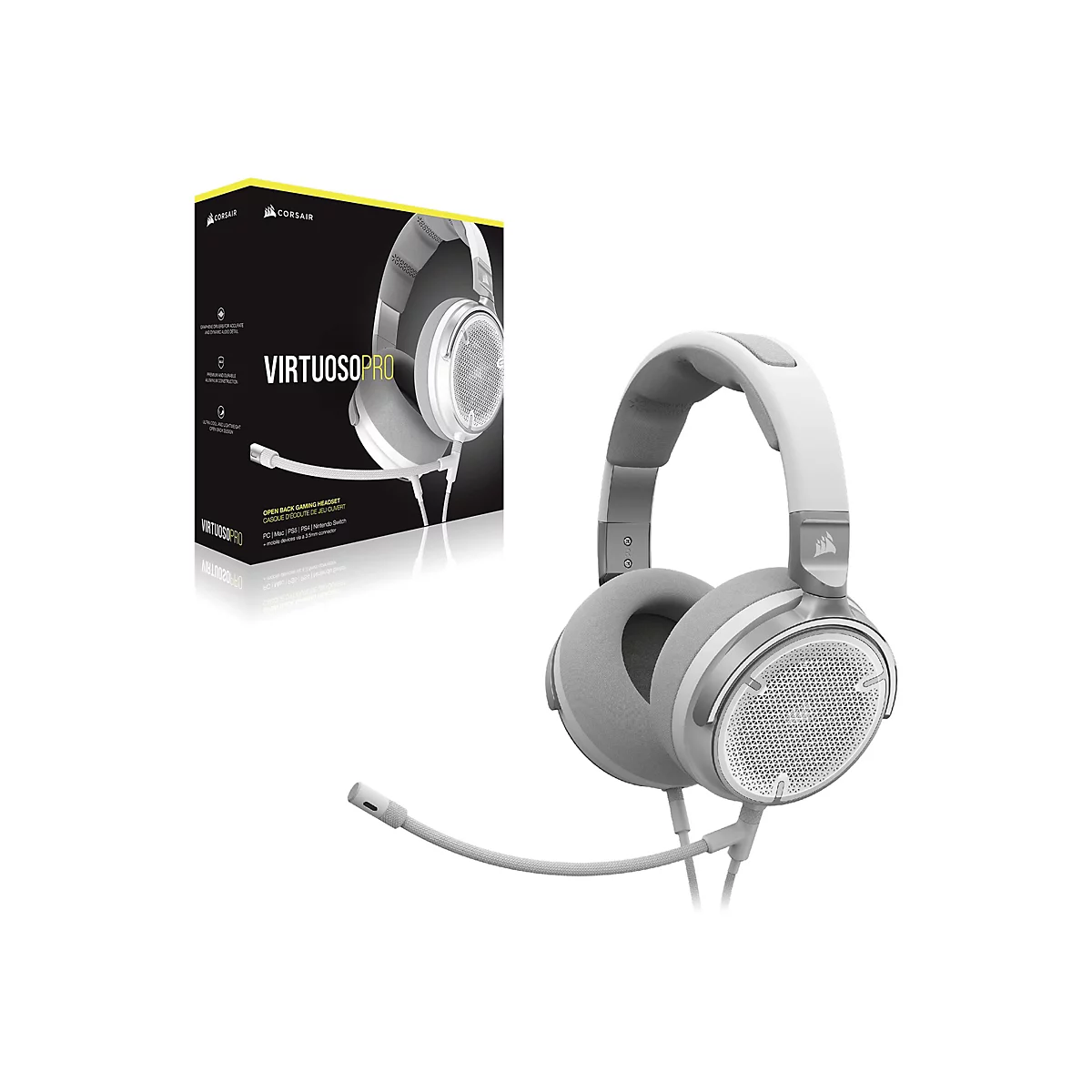 Graues Gaming-Headset Corsair Virtuoso Pro mit Mikrofon, neben einer Produktverpackung. Das Headset hat ein offenes Design mit grauen Ohrpolstern und einem weißen Kopfbügel.