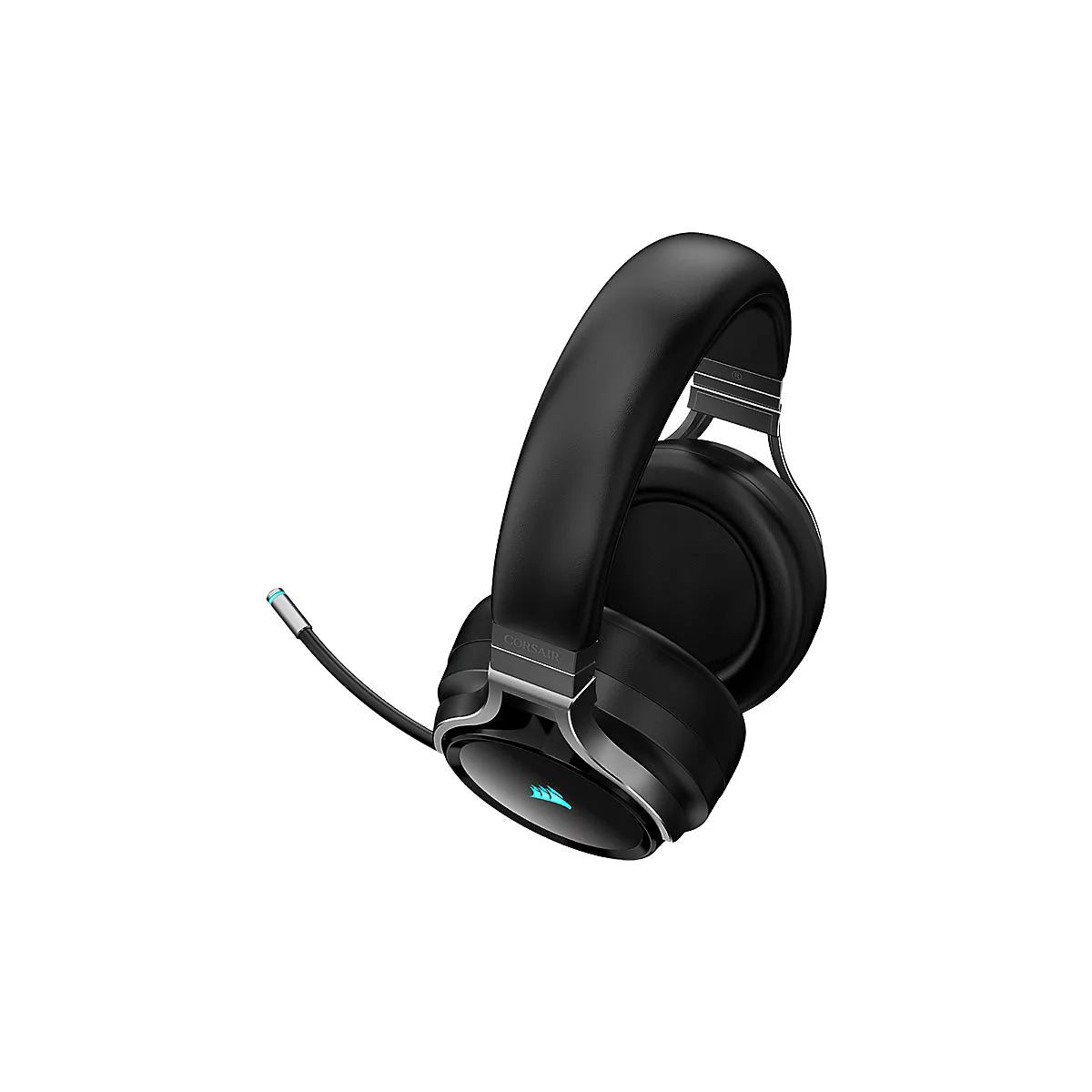 Schwarzes Gaming-Headset mit Mikrofon. Sichtbarer Markenname.