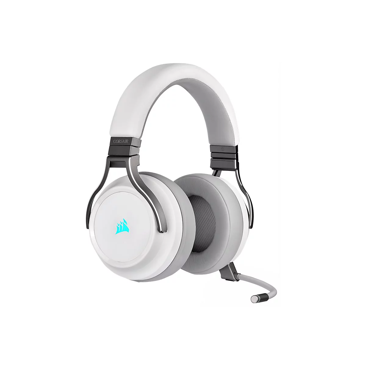 WeiÃŸes Gaming-Headset mit blauem Logo und Mikrofon.