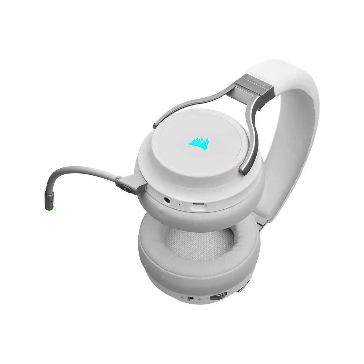 WeiÃŸes Gaming-Headset mit Mikrofon, beleuchtetem Logo und silbernen Akzenten.