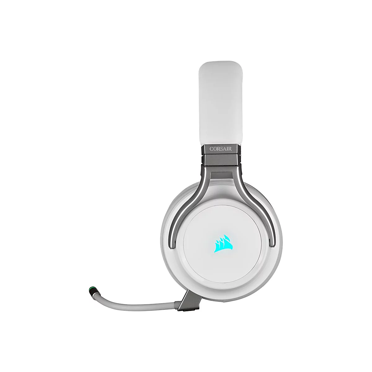 WeiÃŸes Gaming-Headset mit Mikrofon. Das Corsair-Logo leuchtet blau.