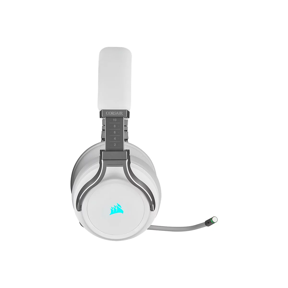 WeiÃŸes Gaming-Headset mit blauen Akzenten. Der BÃ¼gel hat einen grauen Verstellmechanismus mit Logo. Am unteren Rand ein Kabel mit Mikrofon.