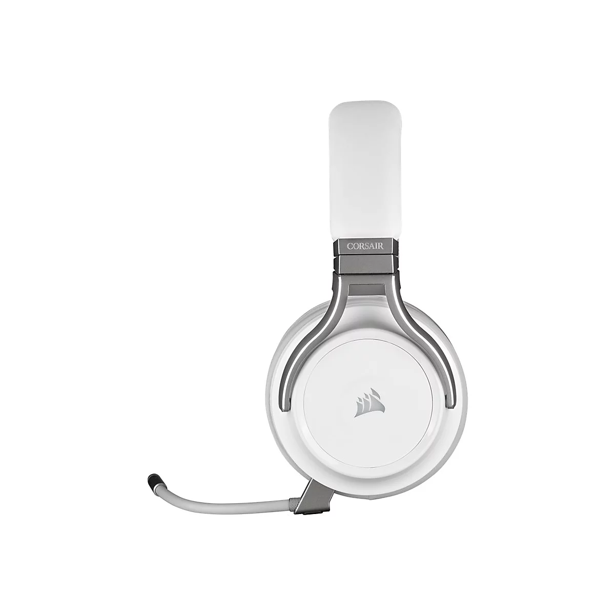 WeiÃŸes Headset mit silbernen Details. Ein Mikrofon ist angebracht.