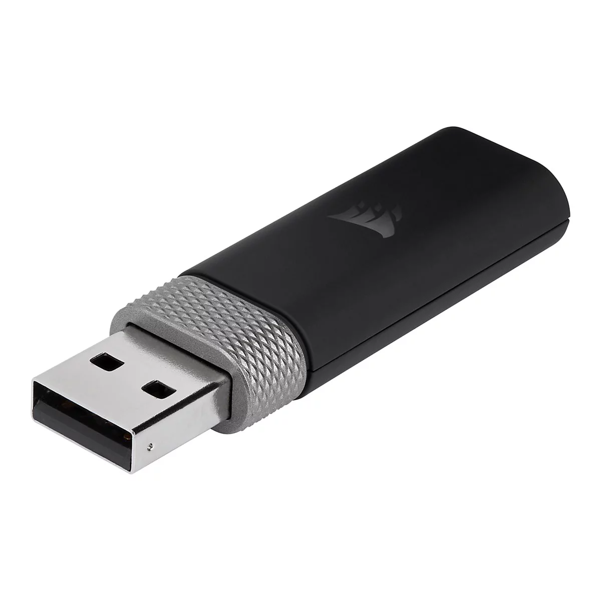 Schwarzer USB-Stick mit silberner Spitze, Corsair-Logo.