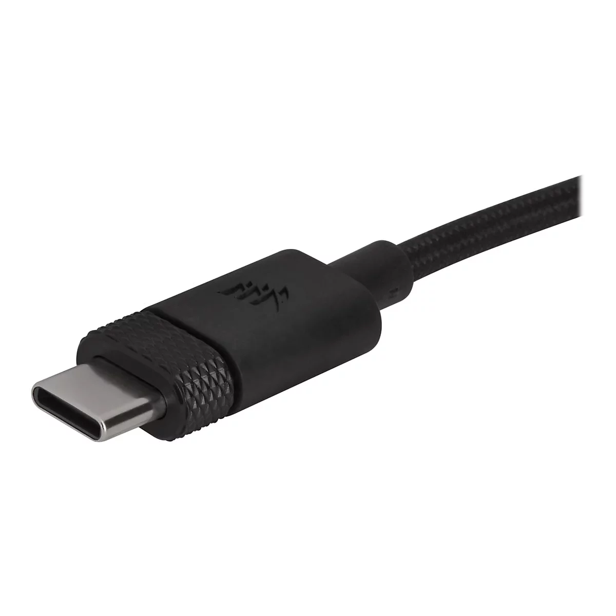 Nahaufnahme eines schwarzen USB-C-Kabels mit Metallanschluss.