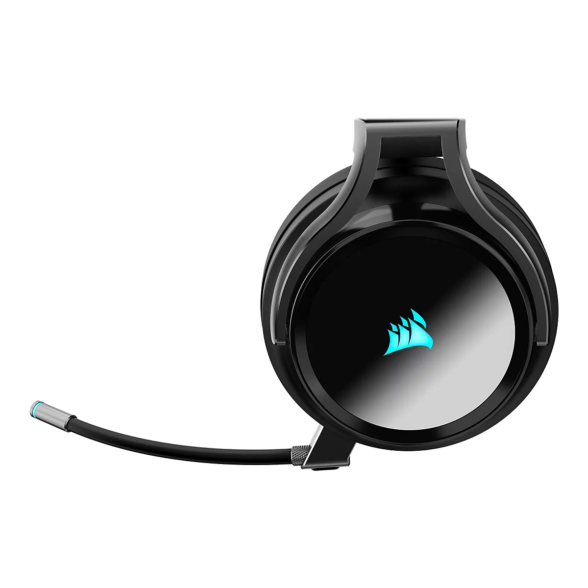 Schwarze Gaming-Ohrmuschel mit leuchtend blauem Corsair-Logo und einem beweglichen Mikrofonarm vor weißem Hintergrund.