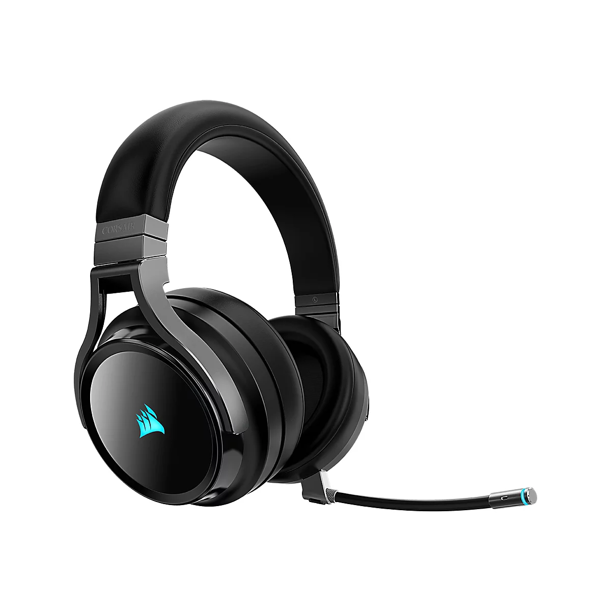 Schwarzes Corsair Gaming-Headset mit blau beleuchtetem Logo auf weißem Hintergrund.