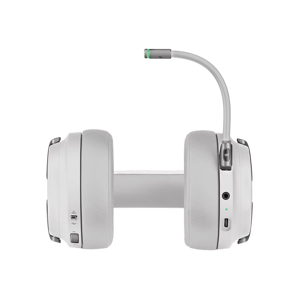 Hellgraues Headset mit Mikrofon und weichen Ohrmuscheln vor weißem Hintergrund.