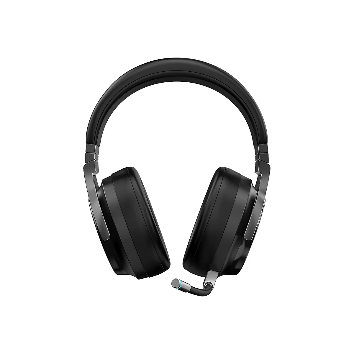 Schwarzes Over-Ear-Headset mit gepolstertem Kopfbügel und abnehmbarem Mikrofon vor weißem Hintergrund.