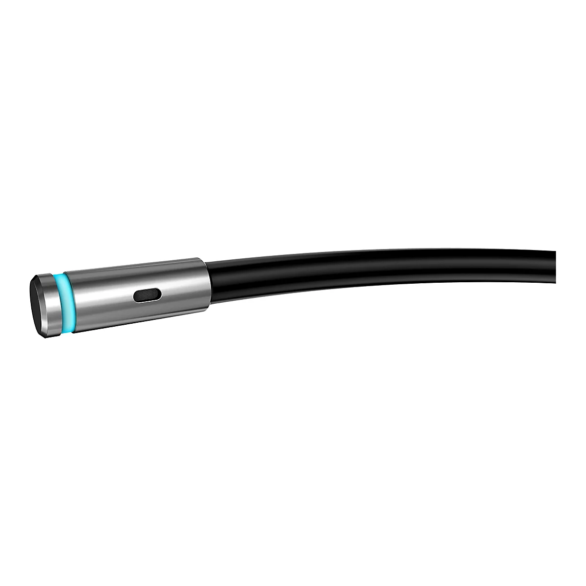 Nahaufnahme eines metallischen Mikrofonkopfes mit leuchtend blauem Ring an einem schwarzen, gebogenen Kabel.