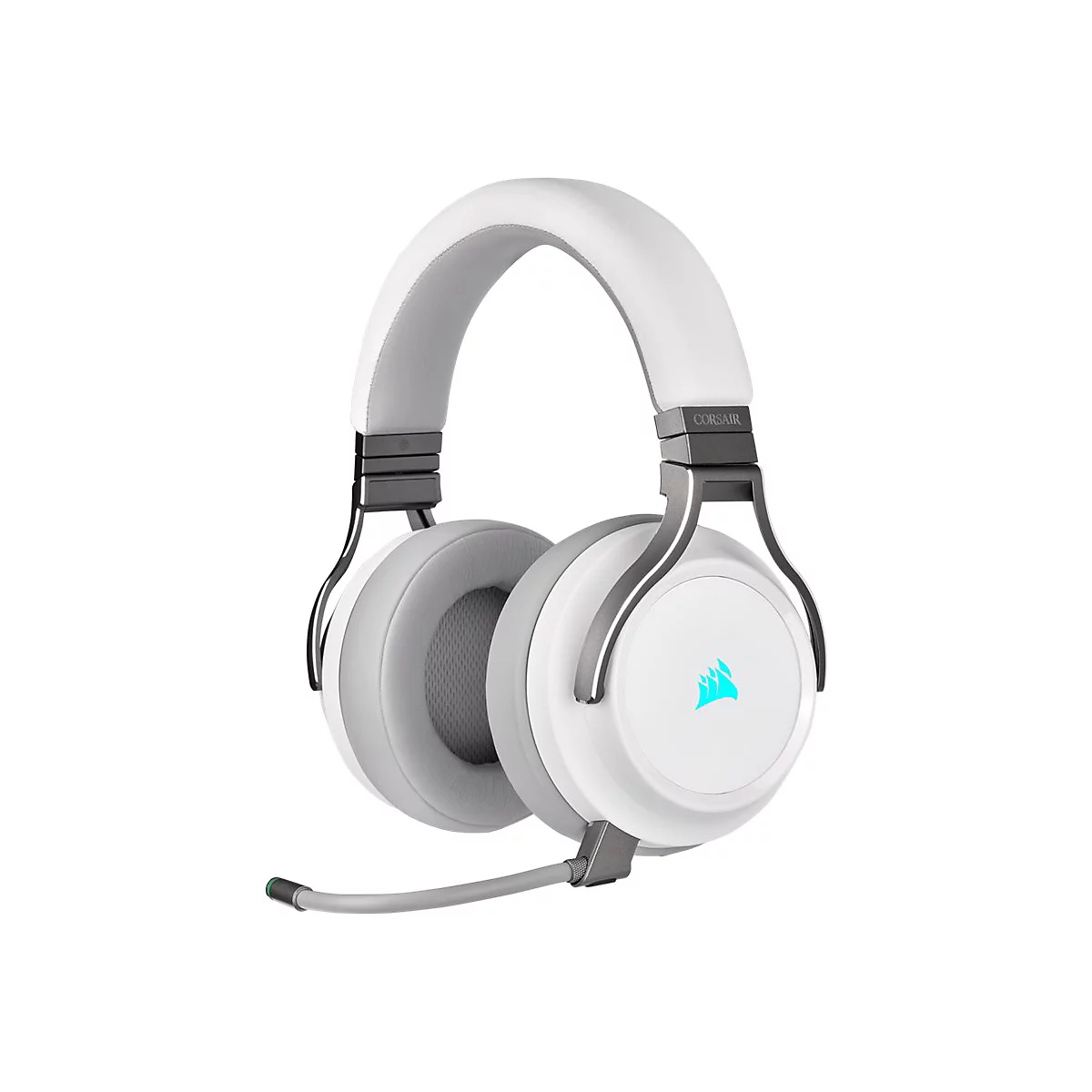 Weißes Gaming-Headset mit grau gepolsterten Ohrmuscheln. Auf einer Ohrmuschel leuchtet ein blaues Logo, am Bügel steht „CORSAIR“.