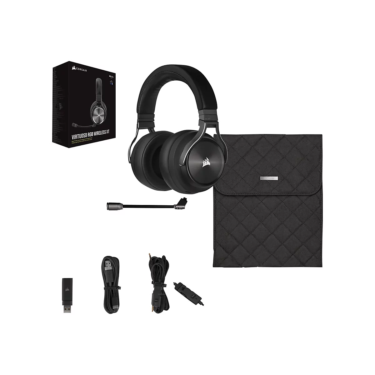 Schwarzes Corsair Virtuoso RGB Wireless XT Headset mit Zubehör, auf weißem Hintergrund.