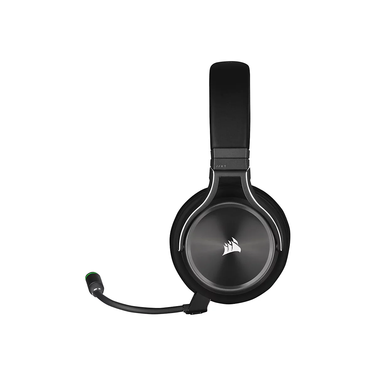 Schwarzes Gaming-Headset mit Mikrofon, das einen weißen Hintergrund zeigt.