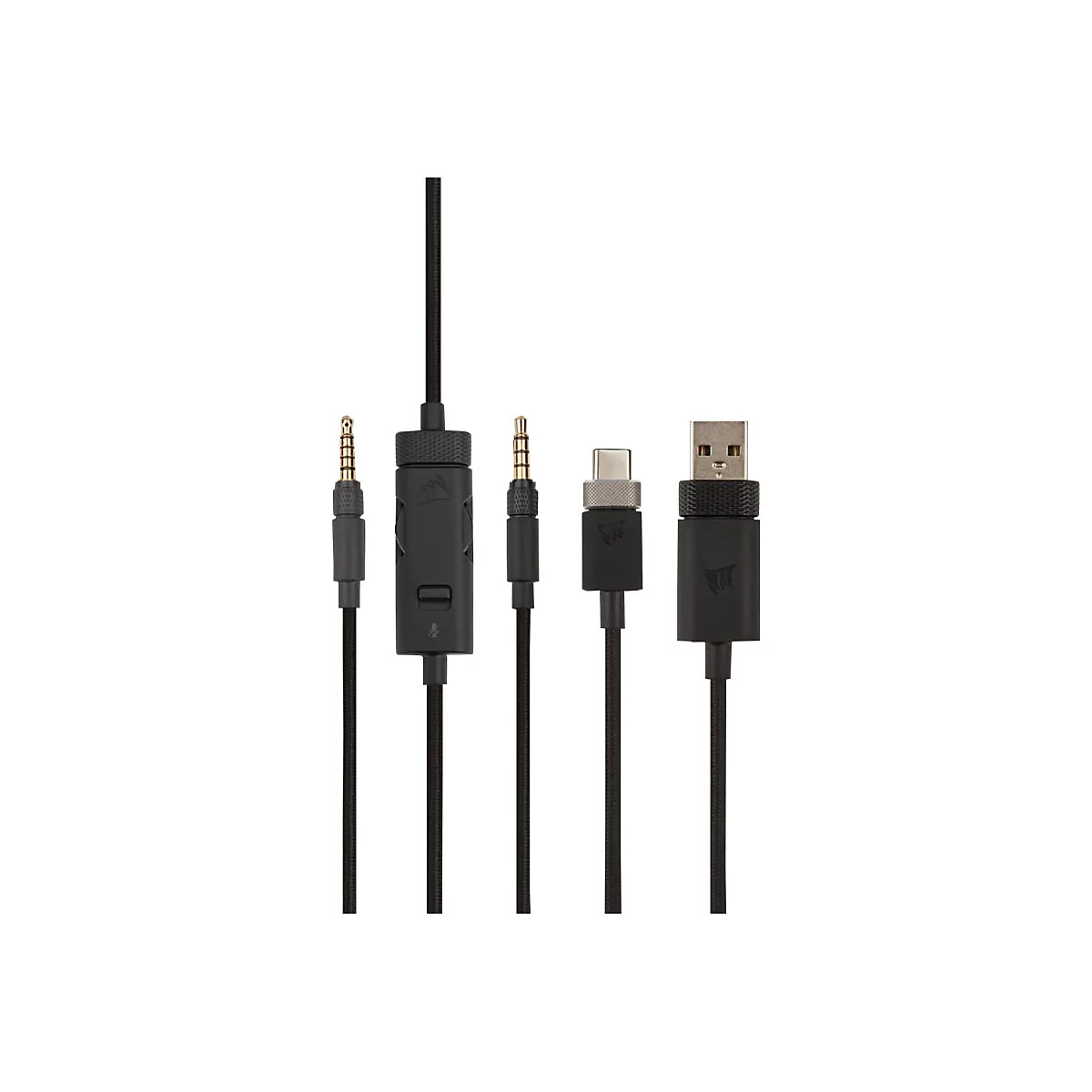 Mehrere schwarze Verbindungskabel mit unterschiedlichen Anschlüssen wie Klinke, USB-C und USB-A vor weißem Hintergrund.