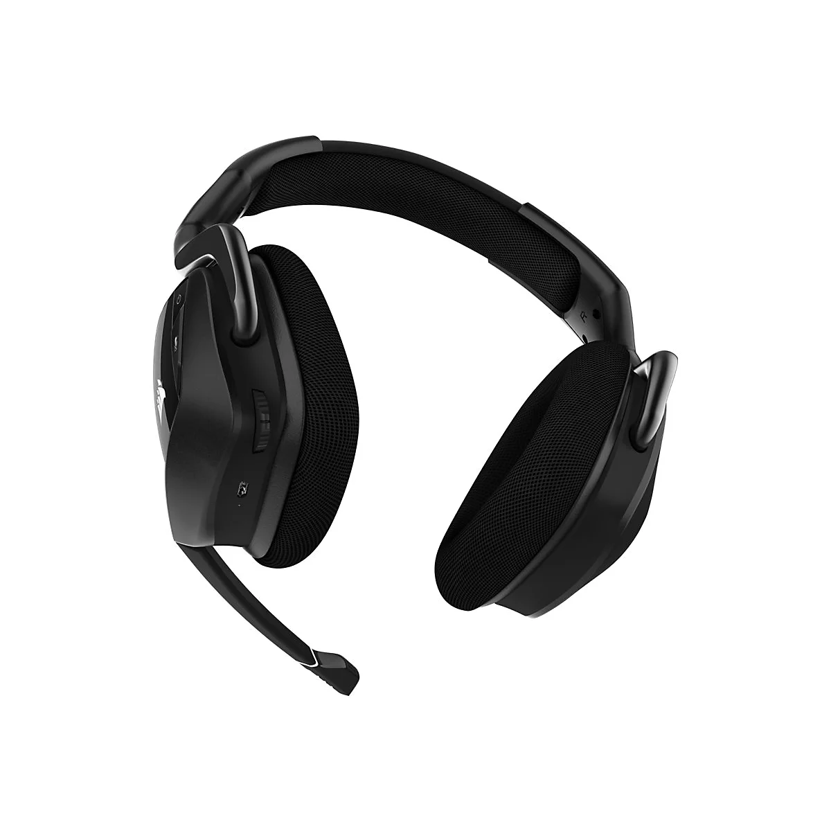 Schwarzes Headset mit Mikrofon auf weiÃŸem Hintergrund. Die Ohrmuscheln sind gepolstert und oval. Der KopfbÃ¼gel ist verstellbar.