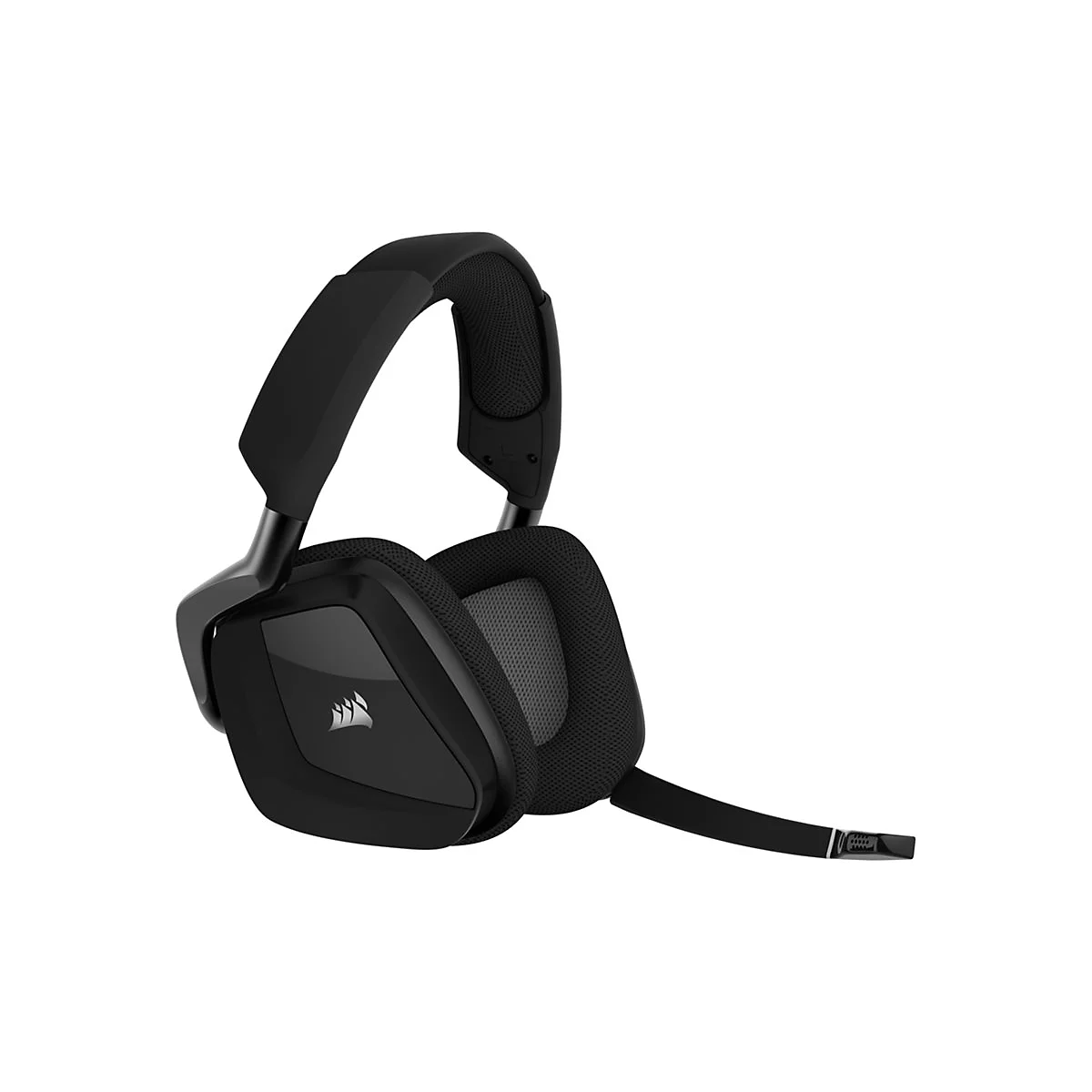Schwarzes Headset mit Mikrofon, Corsair Logo auf der Ohrmuschel, vor weiÃŸem Hintergrund.