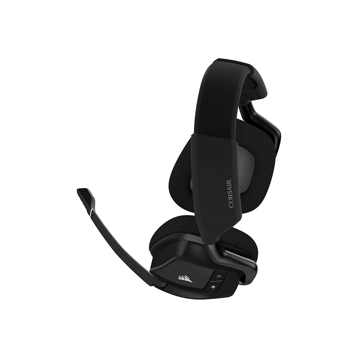 Schwarzes Gaming-Headset mit Mikrofon, Corsair-Logo und Steuerelementen. Auf weiÃŸem Hintergrund.