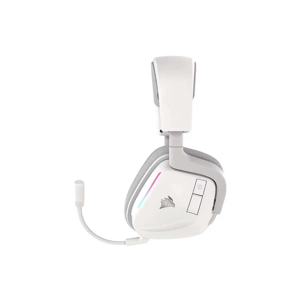 Weißes Gaming-Headset, detailreich dargestellt. Graues Ohrpolster, Mikrofon, Corsair-Logo.