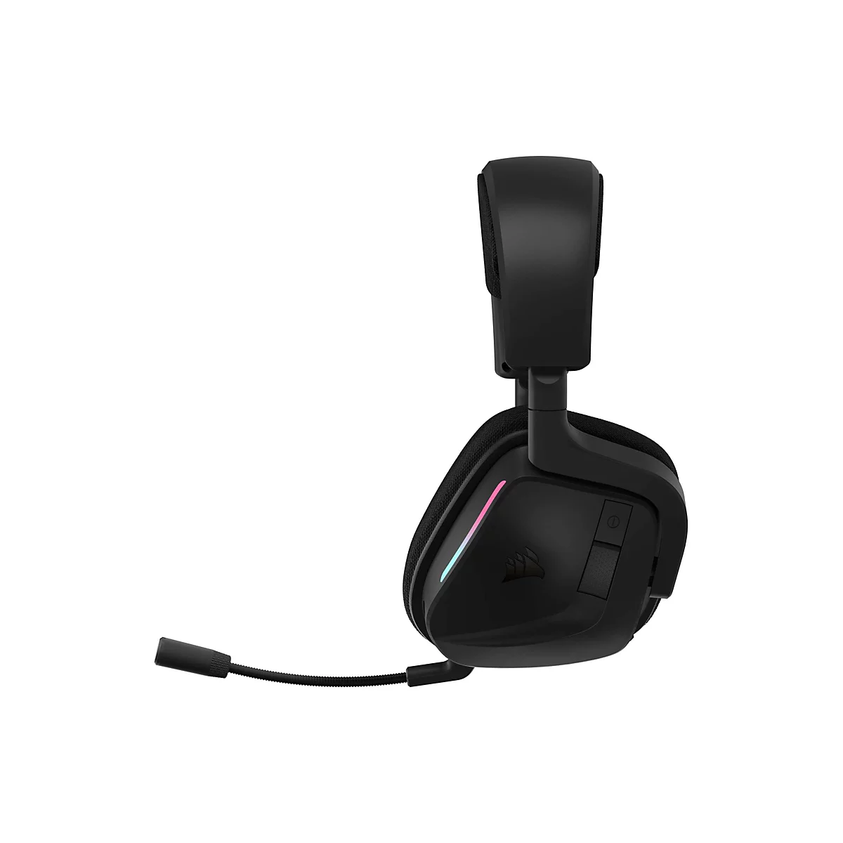 Schwarzes Corsair Gaming-Headset in Seitenansicht mit Mikrofonarm vor weißem Hintergrund.