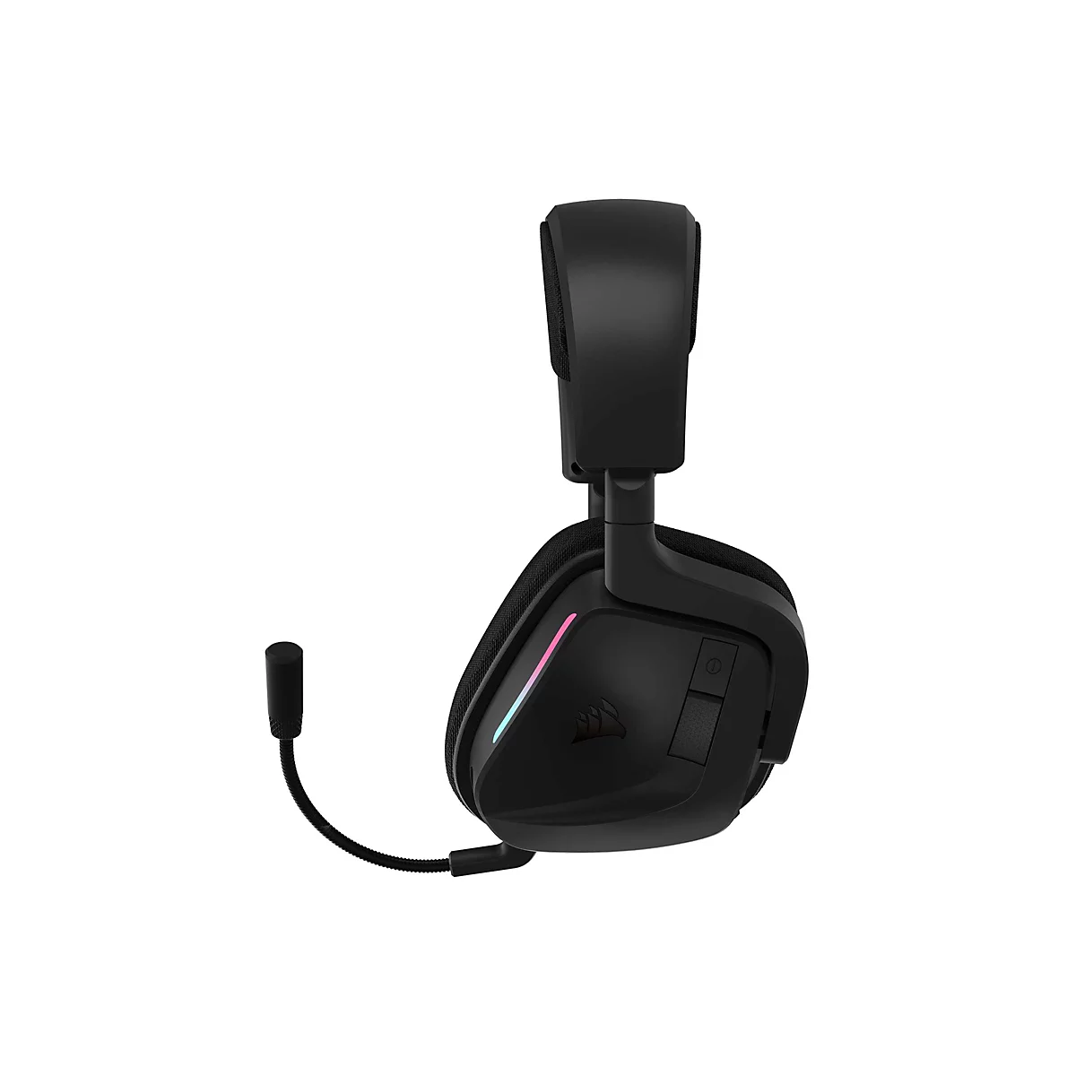 Schwarzes Corsair Gaming-Headset in Seitenansicht mit Mikrofonarm und RGB-Beleuchtung.