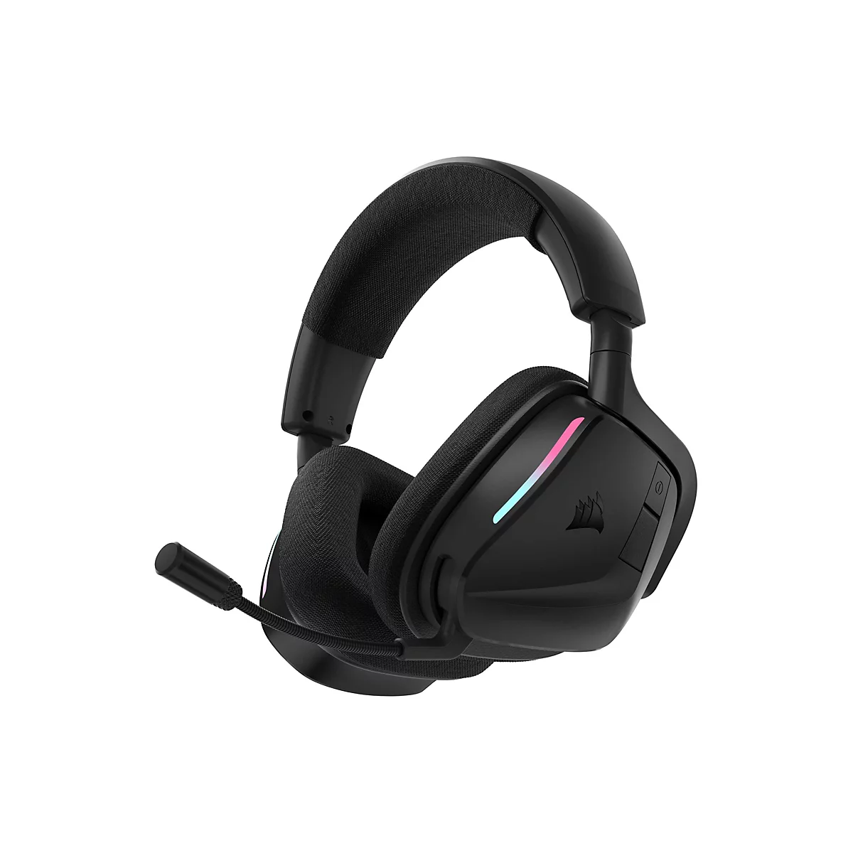 Schwarzes Corsair Gaming-Headset mit Stoffpolstern, klappbarem Mikrofon und dezenter RGB-Beleuchtung auf weißem Hintergrund.