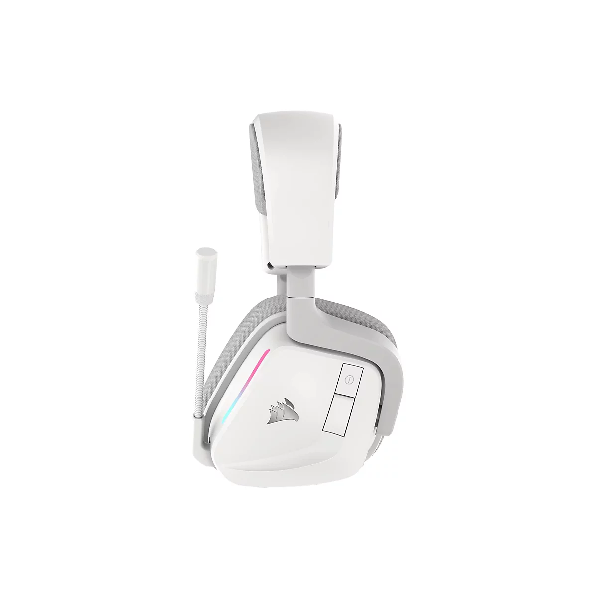 Weißes Gaming-Headset. Sichtbar sind Ohrmuschel, Mikrofon, gepolsterter Bügel und Steuerelemente. Die Ohrmuschel hat eine RGB-Beleuchtung.