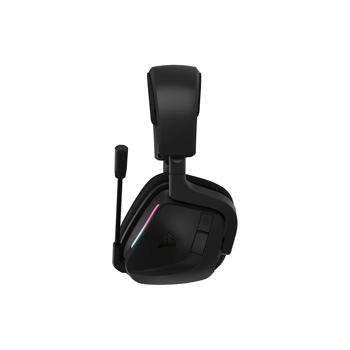 Schwarzes Corsair Gaming-Headset mit seitlichem Mikrofon und subtiler RGB-Beleuchtung auf weißem Hintergrund.