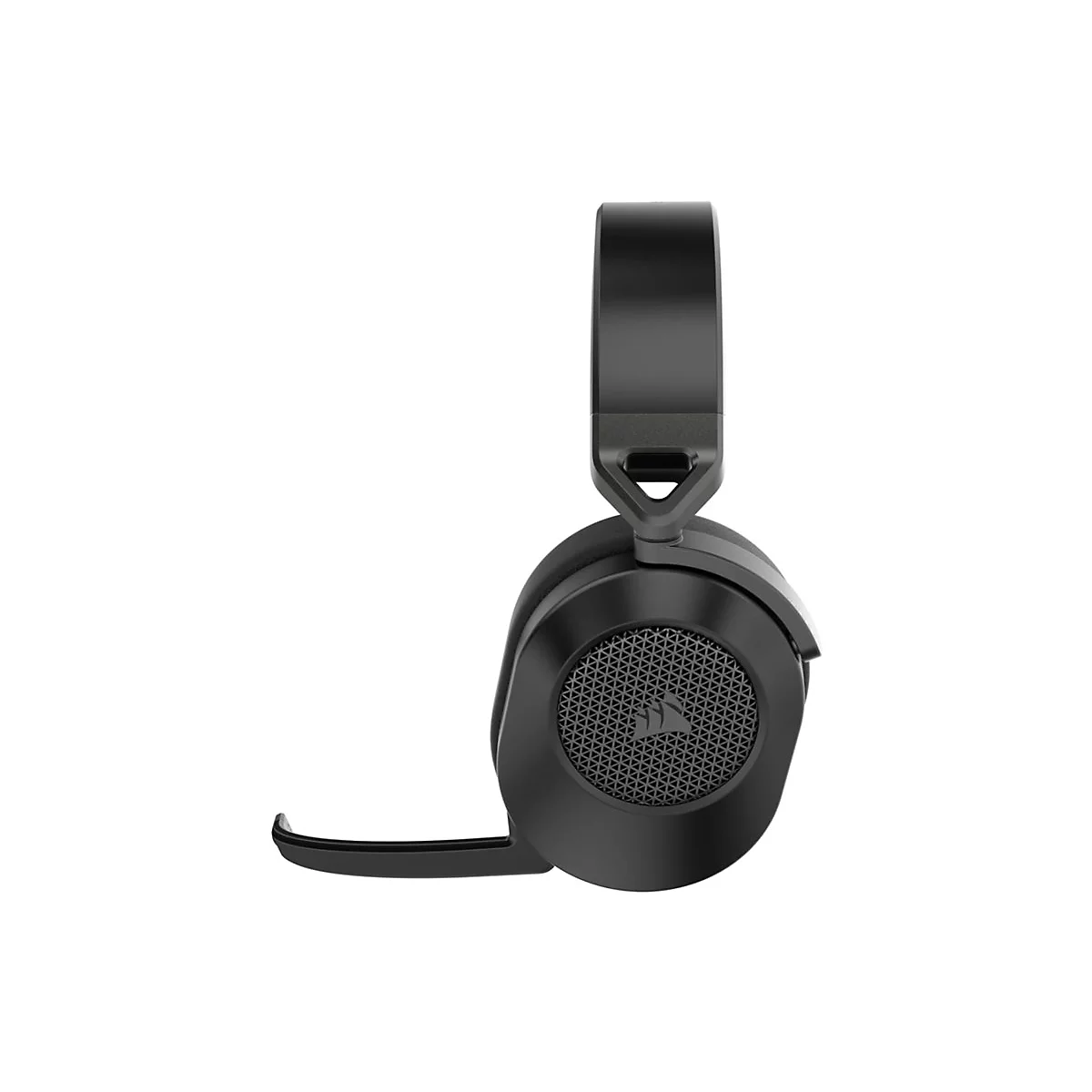 Casque noir avec microphone sur fond blanc.
