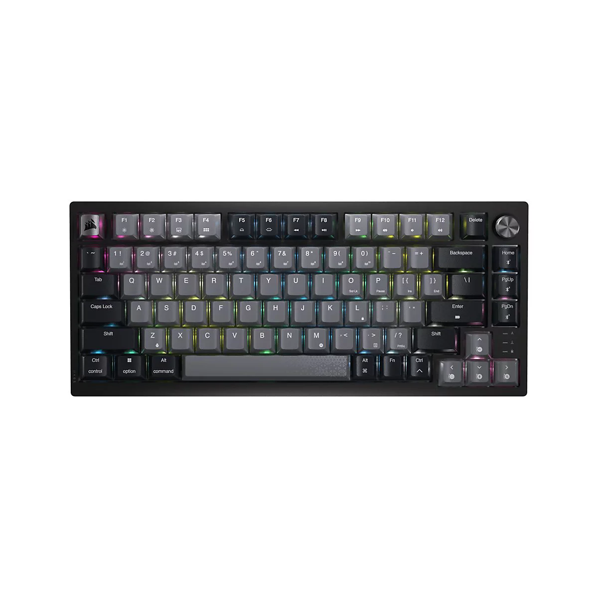 Schwarze, kompakte Corsair Gaming-Tastatur mit RGB-Beleuchtung und Lautstärkedrehregler vor weißem Hintergrund.