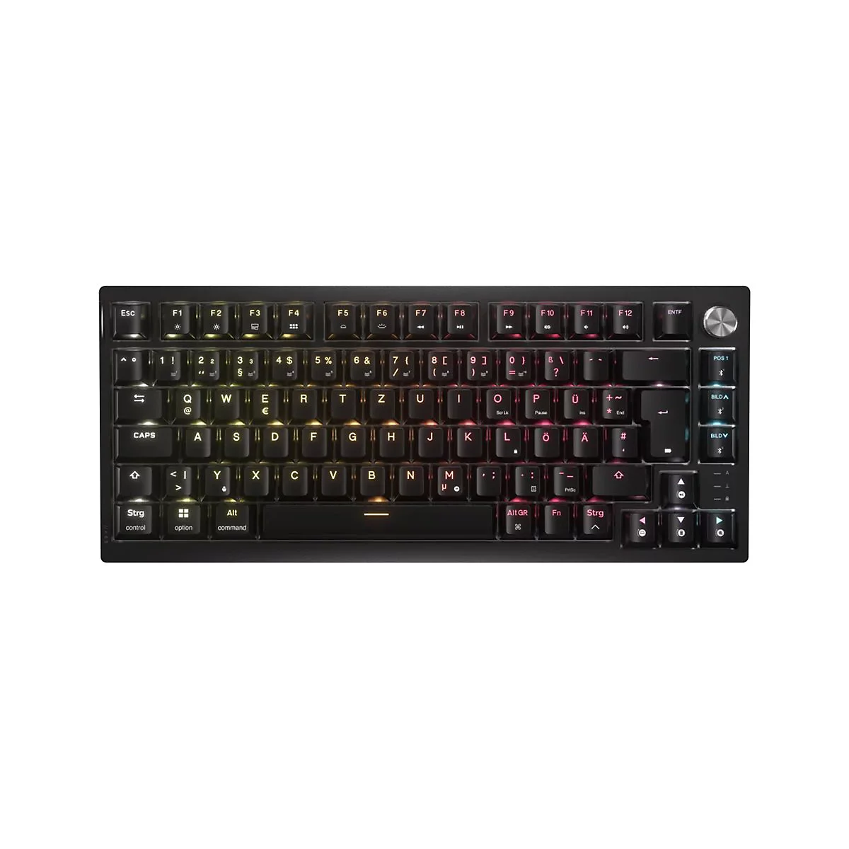 Schwarze mechanische Gaming-Tastatur im 75-Prozent-Layout mit RGB-Beleuchtung und einem Drehregler oben rechts.