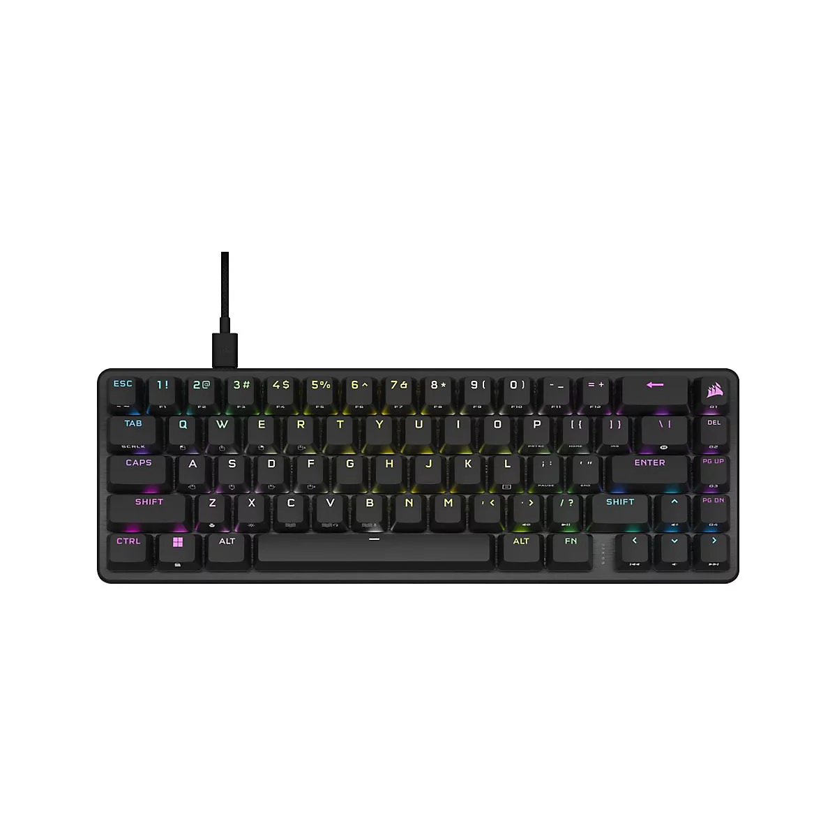 Schwarze, kompakte Corsair Gaming-Tastatur mit RGB-Hintergrundbeleuchtung vor neutralem Hintergrund.