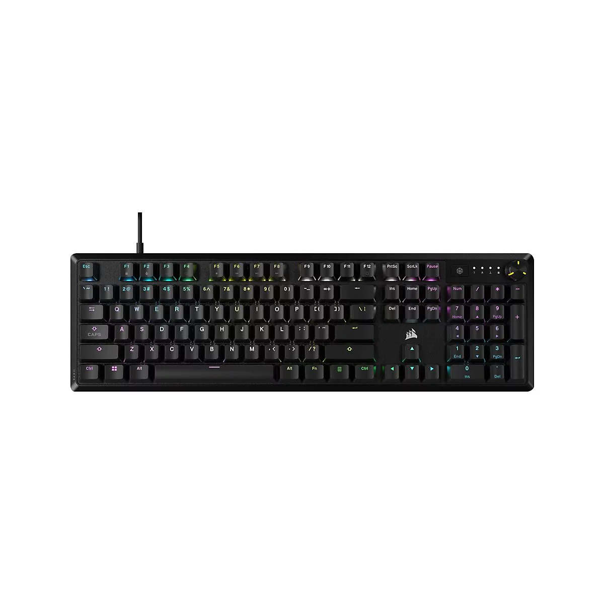 Schwarze mechanische Gaming-Tastatur mit RGB-Beleuchtung und Ziffernblock auf weißem Hintergrund.