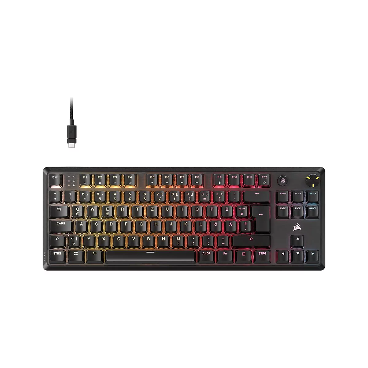 Schwarze Corsair Gaming-Tastatur mit QWERTZ-Layout und bunter RGB-Hintergrundbeleuchtung vor weißem Hintergrund.