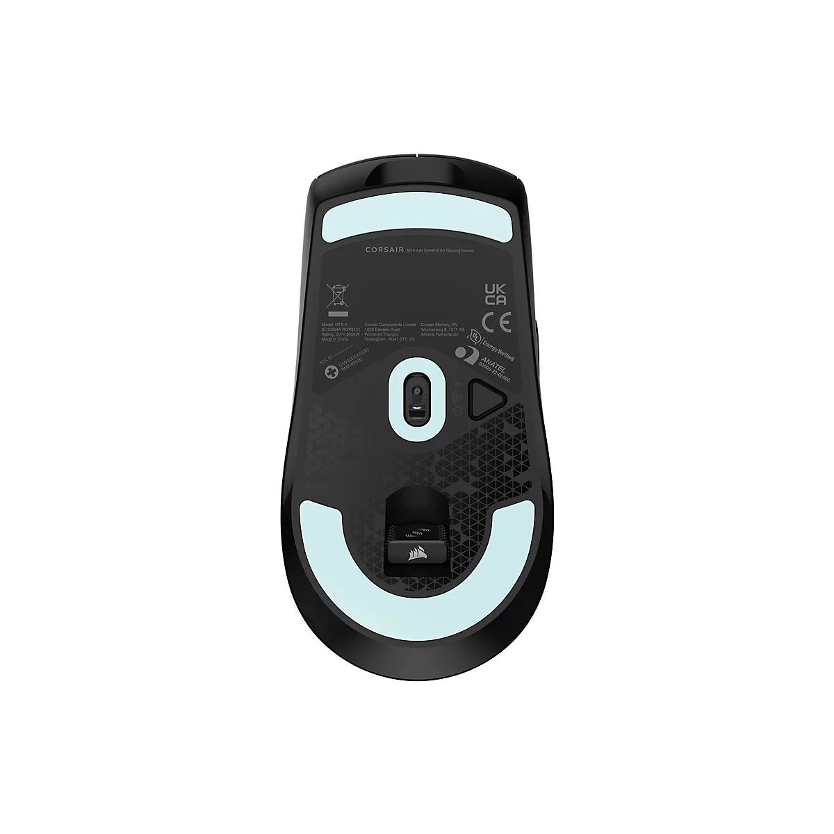Unterseite der schwarzen Corsair M75 Wireless Gaming Maus mit Sensor und hellem Gleitpad.