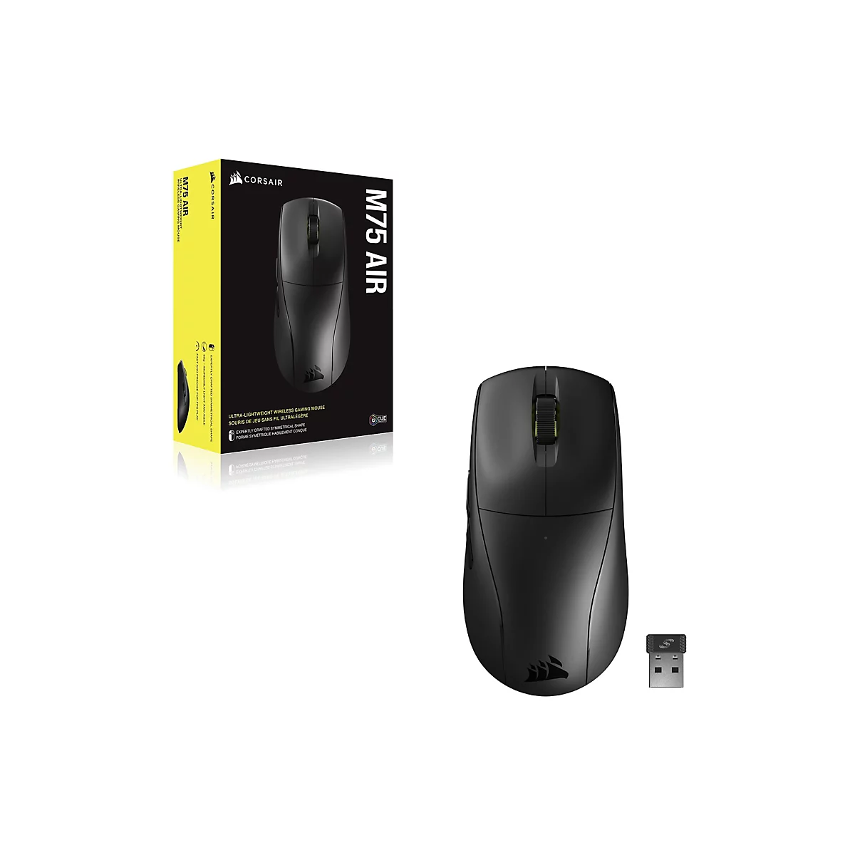 Schwarze kabellose Gaming-Maus Corsair M75 AIR mit Verpackung und USB-Empfänger auf weißem Grund.